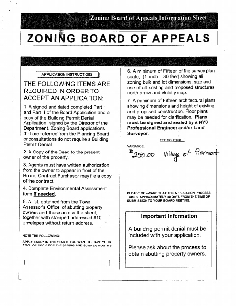 First page of the Zoning Board of Appeals Application