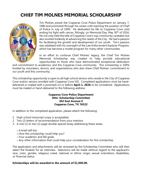 First page of the Chief Tim Molnes Memorial Scholarship Application