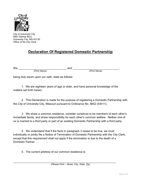First page of the Domestic Partnership Joint Declaration