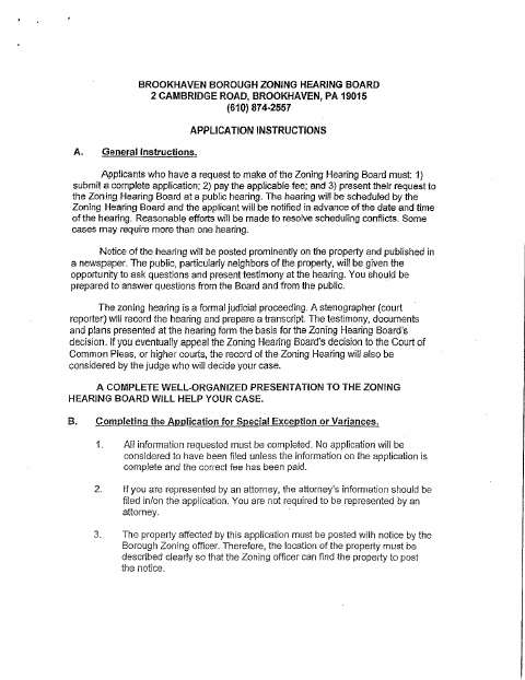 First page of the Zoning Hearing Board Application
