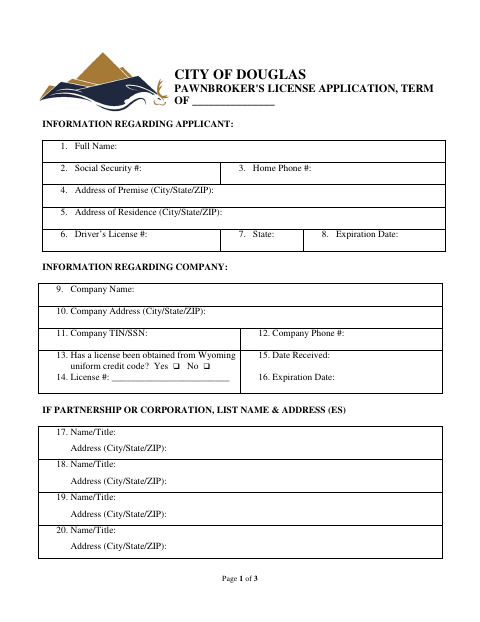First page of the Pawnbroker's License Application