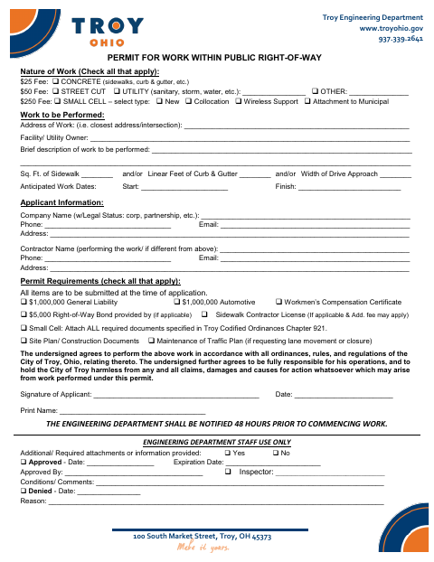 First page of the Permit for Work Within Public Right-of-Way