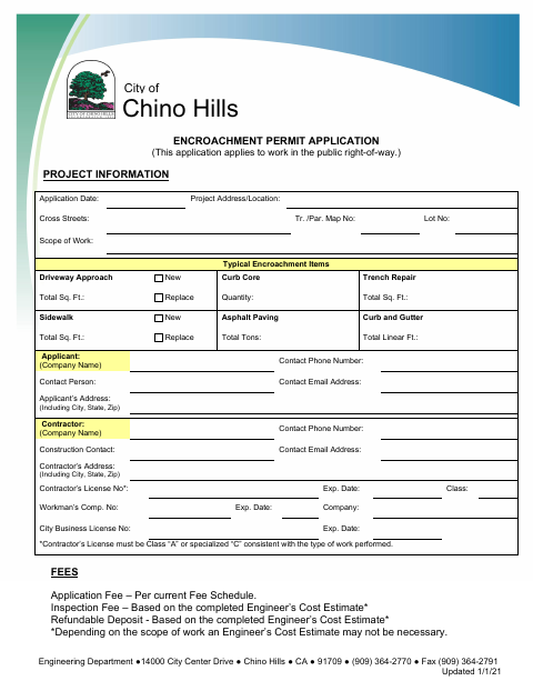 First page of the Encroachment Permit Application