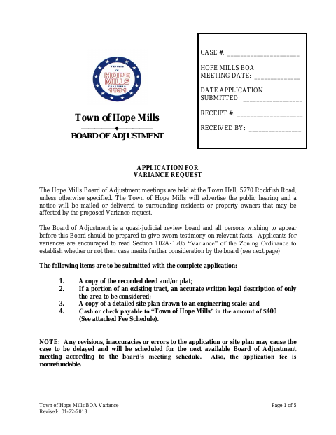 First page of the Application for Variance Request