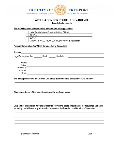 First page of the Application for Request of Variance (Board of Adjustments)