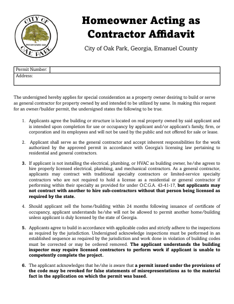 First page of the Homeowner Acting as Contractor Affidavit
