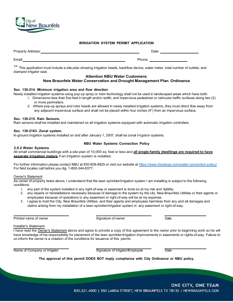 First page of the Irrigation System Permit Application