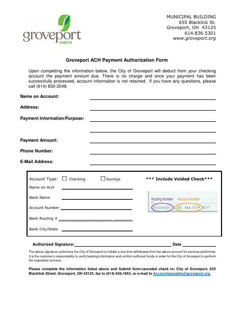 First page of the ACH Payment Authorization Form
