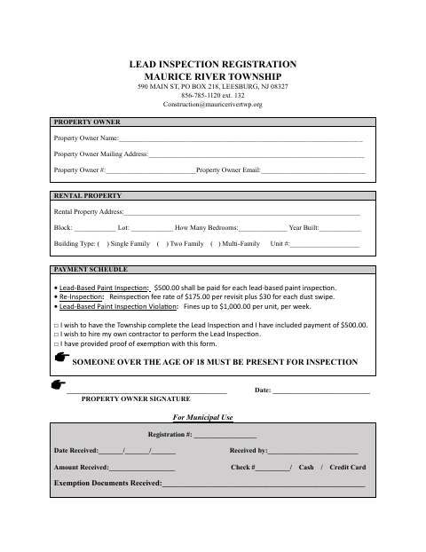 First page of the Lead Inspection Registration Form