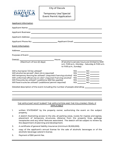 First page of the Temporary Use / Special Event Permit Application
