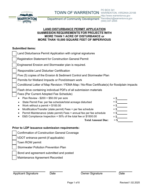 First page of the Land Disturbance Permit Application for Projects Over One Acre