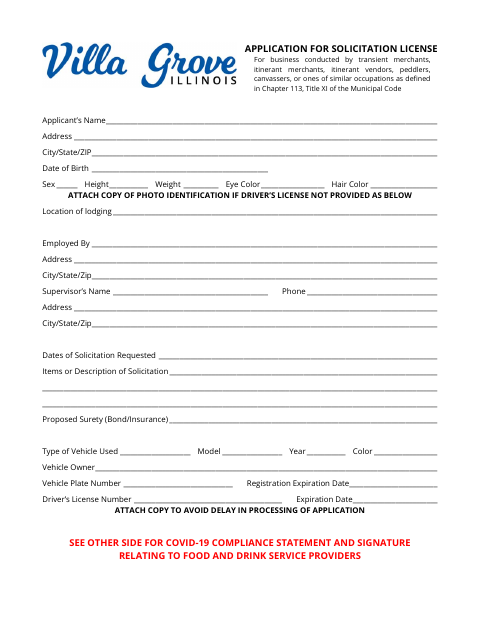 First page of the Application for Solicitation License