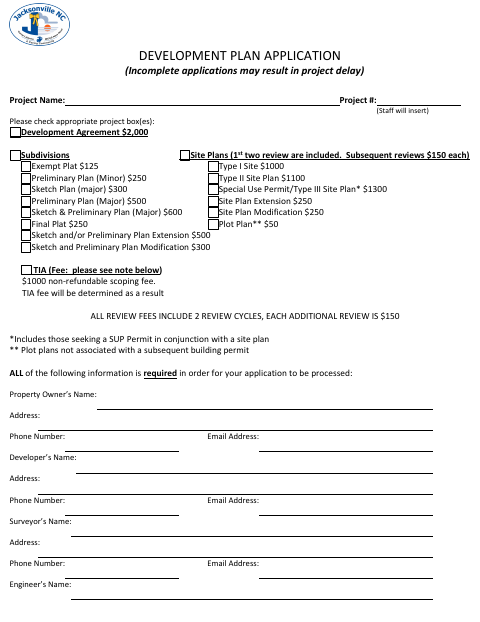 First page of the Development Plan Application (Site Plan / Subdivision)