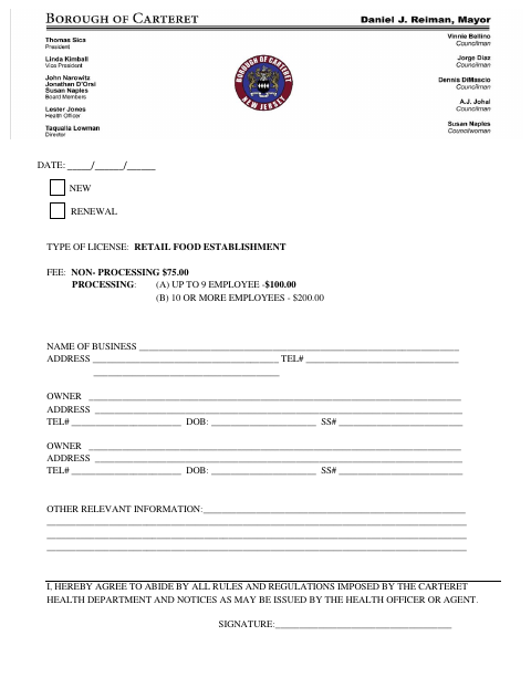First page of the Retail Food License