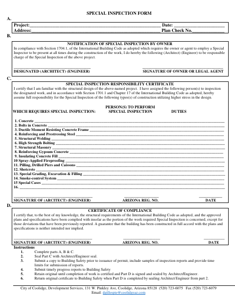 First page of the Special Inspection Form