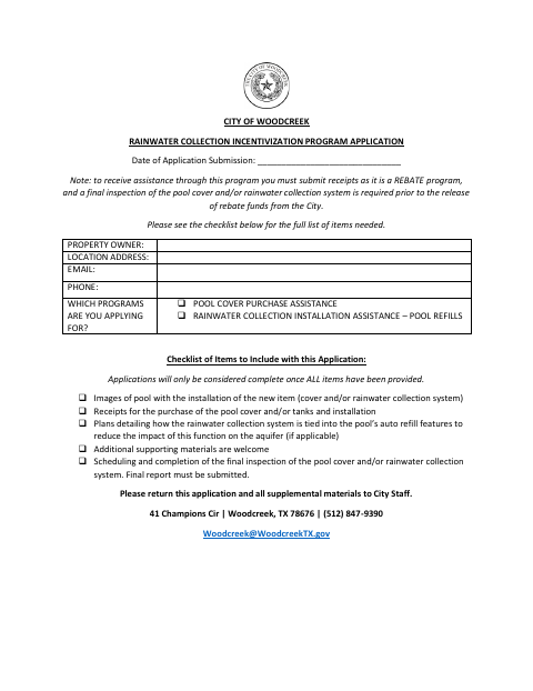 First page of the Rainwater Collection Incentivization Program Application