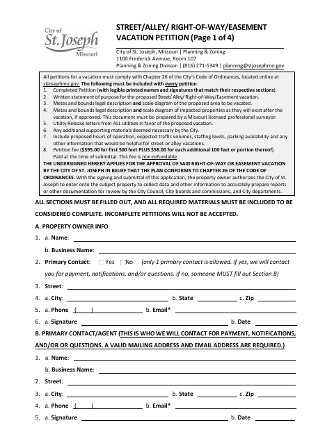 First page of the Street, Alley, Right-of-Way, or Easement Vacation Petition