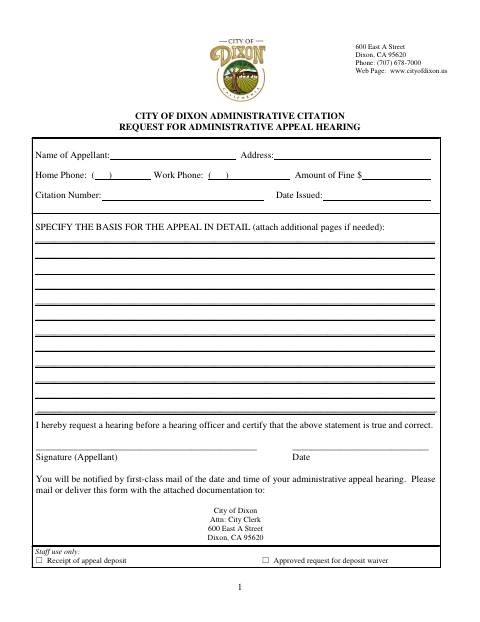 First page of the Administrative Citation Request for Administrative Appeal Hearing