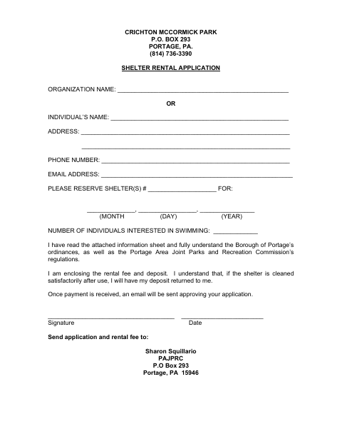 First page of the Shelter Rental Application