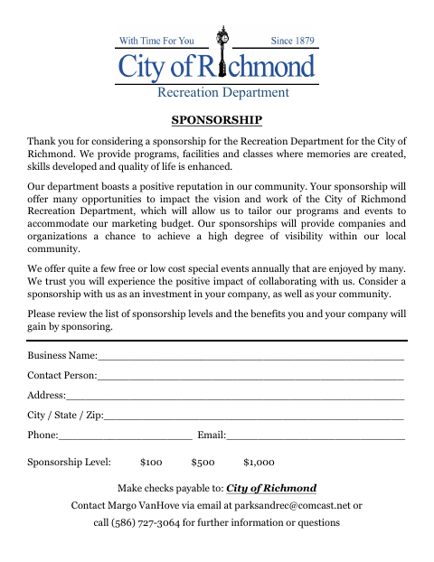 First page of the Recreation Sponsorship Form