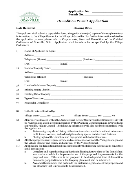 First page of the Demolition Permit Application