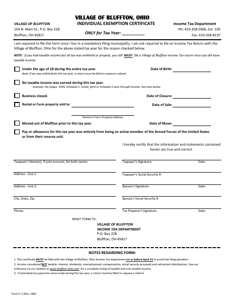 First page of the Individual Exemption Certificate