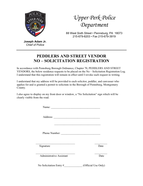 First page of the Peddlers and Street Vendor No-Solicitation Registration