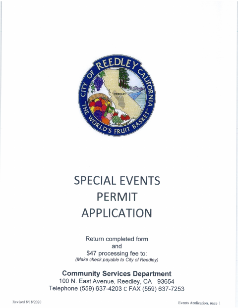 First page of the Special Events Permit Application