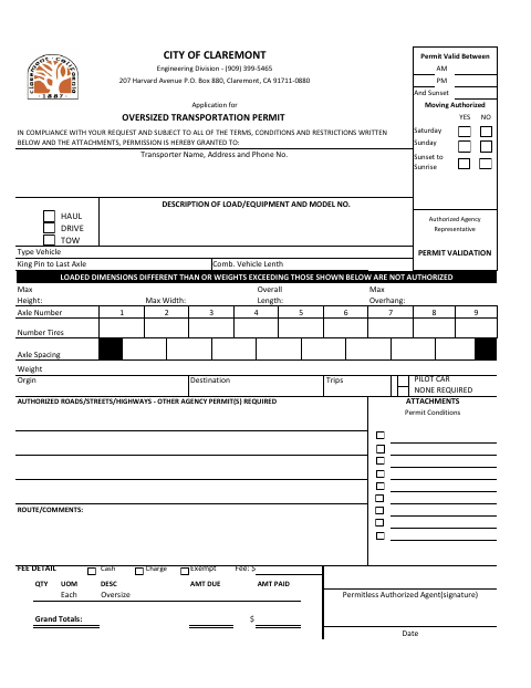 First page of the Oversized Transportation Permit Application