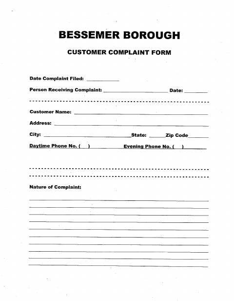 First page of the Customer Complaint Form