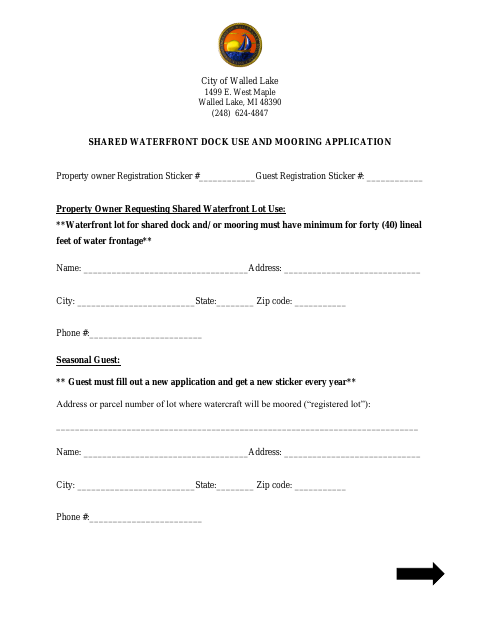 First page of the Shared Waterfront Dock Use and Mooring Application