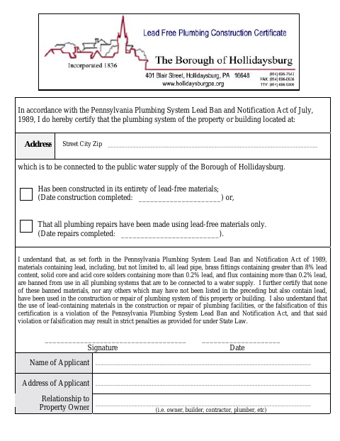 First page of the Lead-Free Plumbing Certification