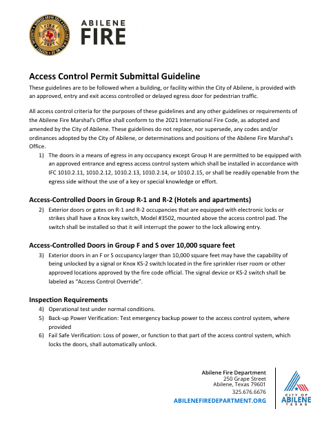 First page of the Access Control Permit Submittal
