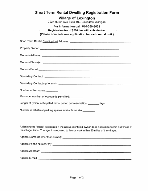 First page of the Short Term Rental Dwelling Registration Form