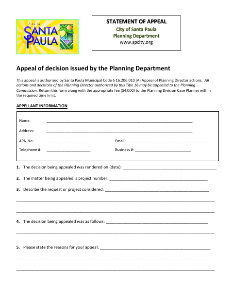 First page of the Planning Director Decision Appeal Form