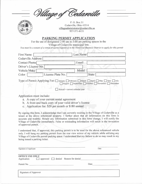 First page of the Parking Permit Application