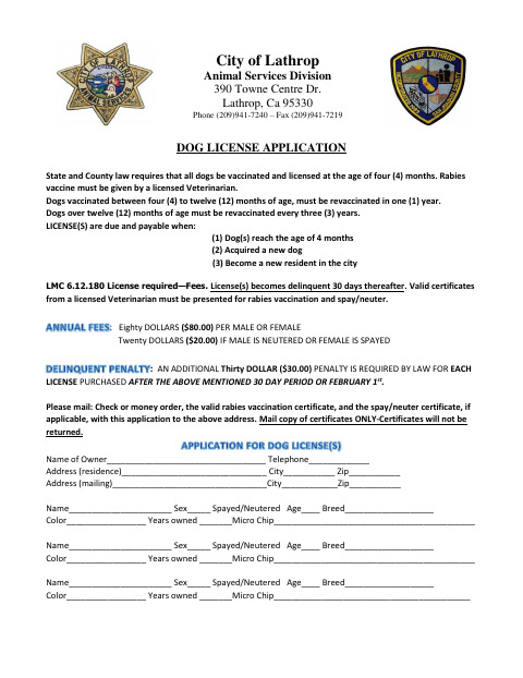 First page of the Dog License Application