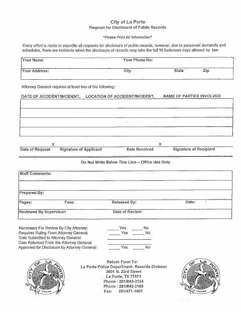 First page of the Open Records Request