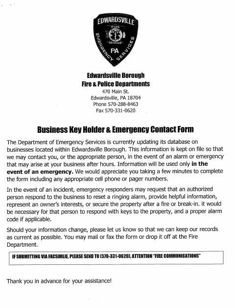 First page of the Business Key Holder & Emergency Contact Form