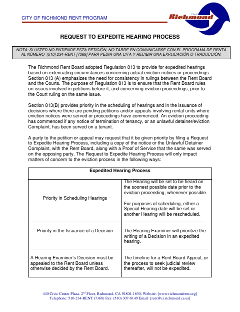 First page of the Request to Expedite Hearing Process