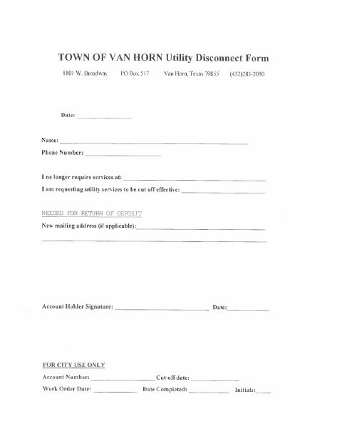 First page of the Utility Disconnect Form