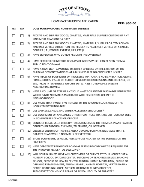 First page of the Home-Based Business Application