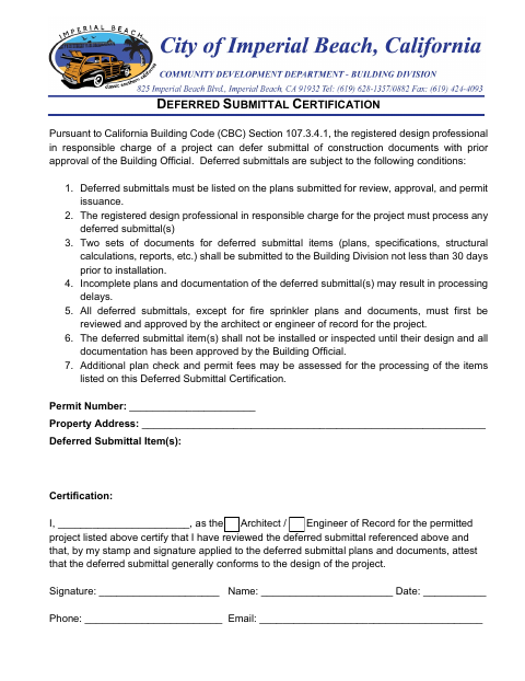 First page of the Deferred Submittal Certification