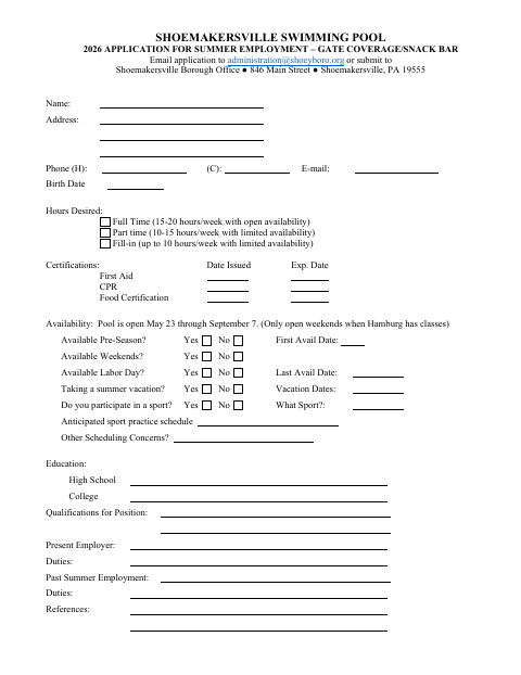 First page of the Application for Summer Employment – Gate Coverage/Snack Bar
