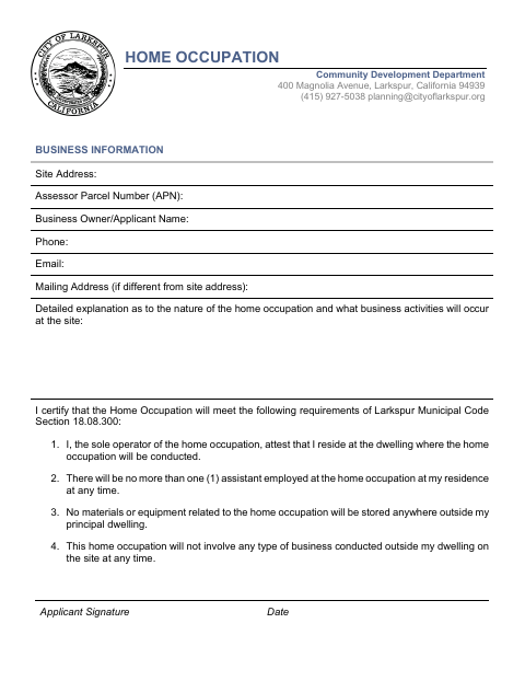 First page of the Home Occupation