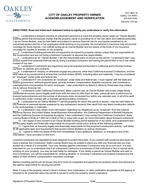 First page of the Property Owner Acknowledgement and Verification
