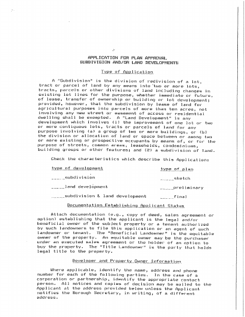 First page of the Subdivision and Land Development Application