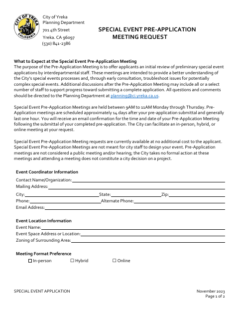 First page of the Special Event Pre-Application