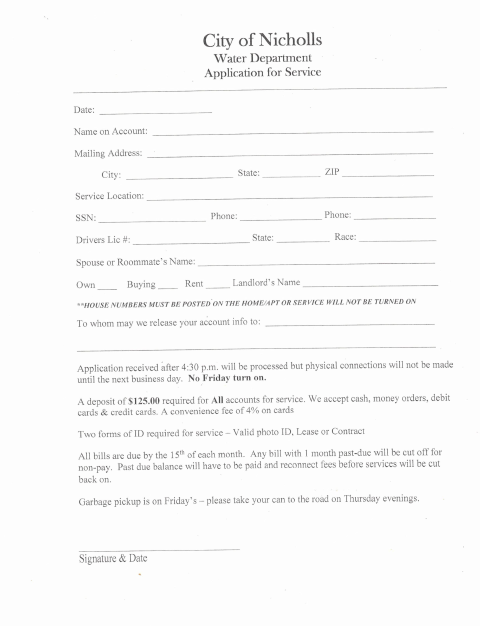 First page of the Application for Water Service