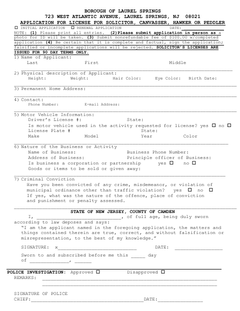 First page of the Solicitor, Canvasser, Hawker or Peddler License Application